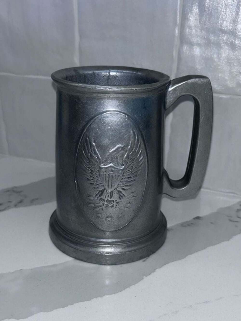 Vintage Pewter Mug w/ American Eagle and Shield Holding Arrows Embossed